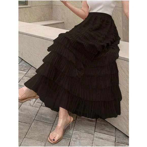 Luxe Mesh Layered Evening Flowy Maxi Skirt - Picture 7 of 13